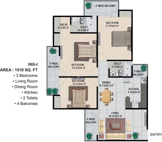 The floor plan size of Panchsheel Greens 2 3 BHK Flat is 1510 sq ft.